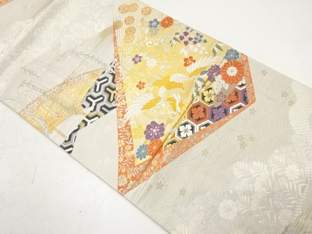 アンティーク　重ね色紙に鳳凰・橋模様織り出し袋帯（材料）